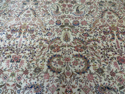 Persian Tabriz Rug 8x10, Antique Authentic Wool Oriental Carpet 8 x 10 ft, Bird Motifs Floral Boteh Paisleys, Cream Red Blue Vintage Handmade Rug - Nuvé