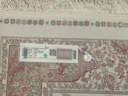 Turkish Silk Runner Rug 2.6 x 8, Hunting Design, Ivory, Bamboo Silk, New - Nuvé
