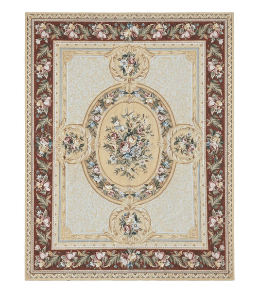 Needlepoint Rug 8x10, Aubusson Savonnerie European Carpet, Floral, Elegant