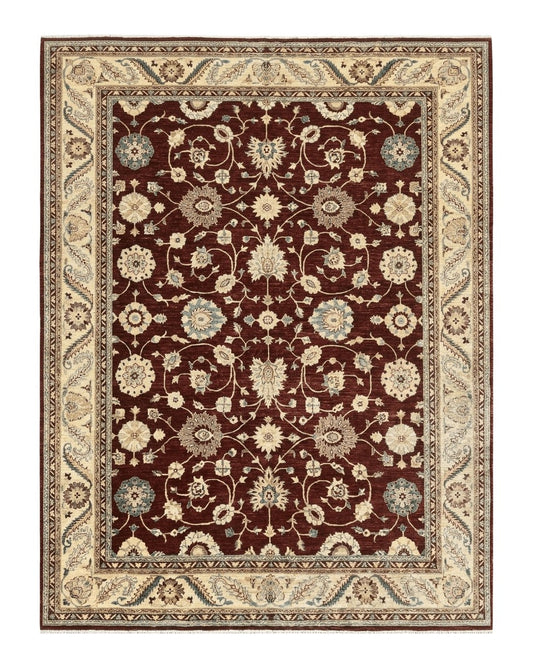 Peshawar Rug 9x11, Pakistani Oriental Carpet, Maroon and Beige, Floral Allover, Wool Hand Knotted Handmade Vintage Rug