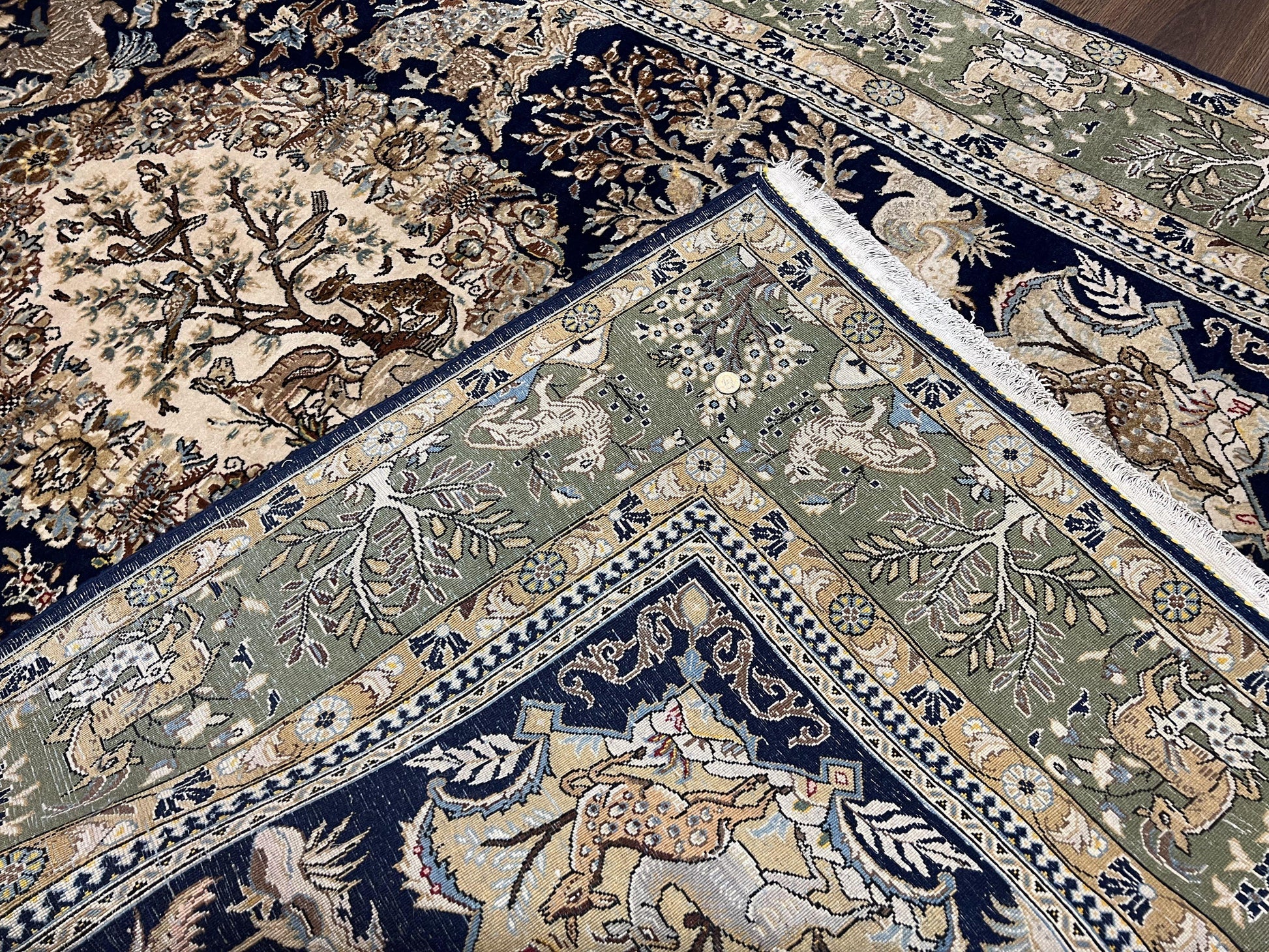 Wonderful Persian Qum Rug 6x9, Animal Pictorials, Tree of Life, Deer Birds, Hand Knotted Oriental Ghom Carpet, Semi Antique Vintage, Navy Blue Green - Nuvé