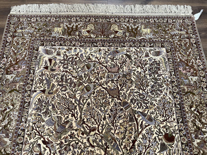 Persian Isfahan Rug 5x8 - Tree of Life, Animal Pictorials, Kork Wool & Silk - Nuvé