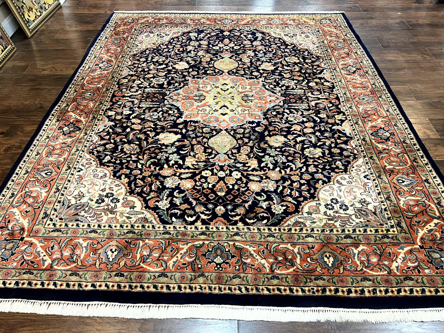 Indo Persian Rug 8x10, Midnight Blue & Red, Handmade Vintage Wool Carpet, Floral Medallion - Nuvé