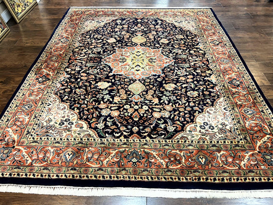 Indo Persian Rug 8x10, Midnight Blue & Red, Handmade Vintage Wool Carpet, Floral Medallion - Nuvé