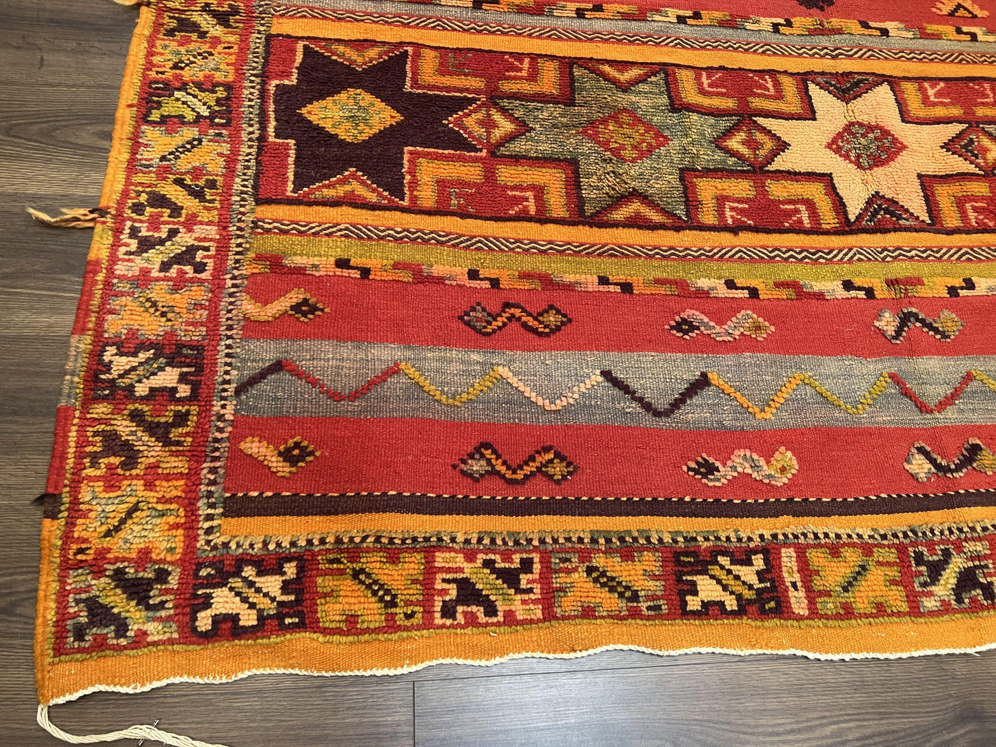 Unique Moroccan Rug 7x10, Room Sized Carpet, Red Orange Gray, Wool Oriental Striped Geometric Tribal Boho Rug, Flatweave with Raised Pile - Nuvé