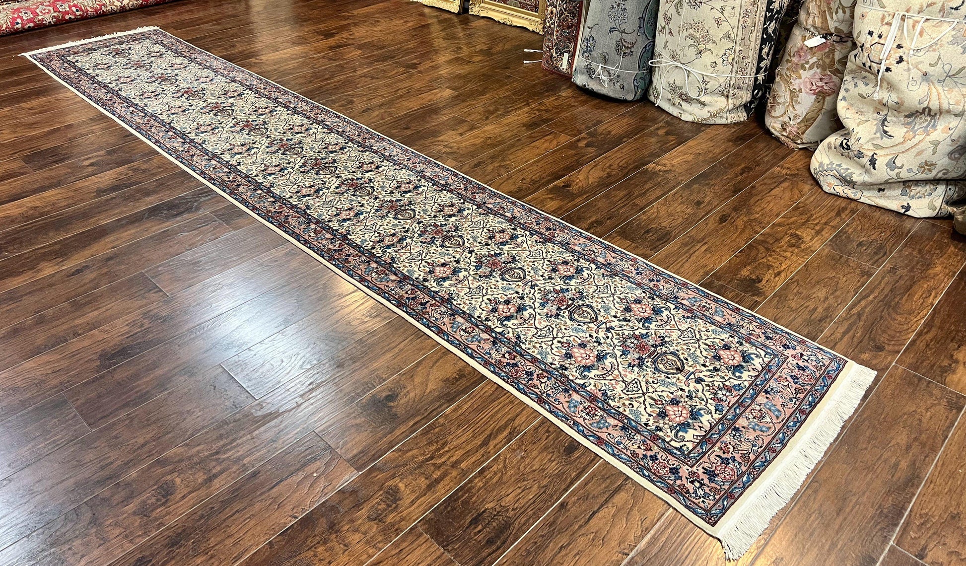 Sino Persian Runner Rug 2.8 x 14, Hand Knotted Vintage Oriental Hallway Rug, 14ft Runner, Cream, Floral, Wool - Nuvé