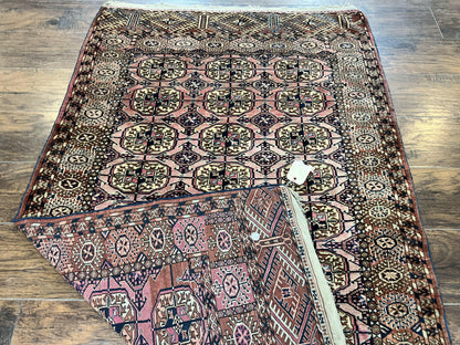 Persian Turkoman Rug 4x6, Wool Hand Knotted Antique Bokhara Carpet, Red Pink, Handmade Tribal Oriental Rug 4 x 6 ft - Nuvé