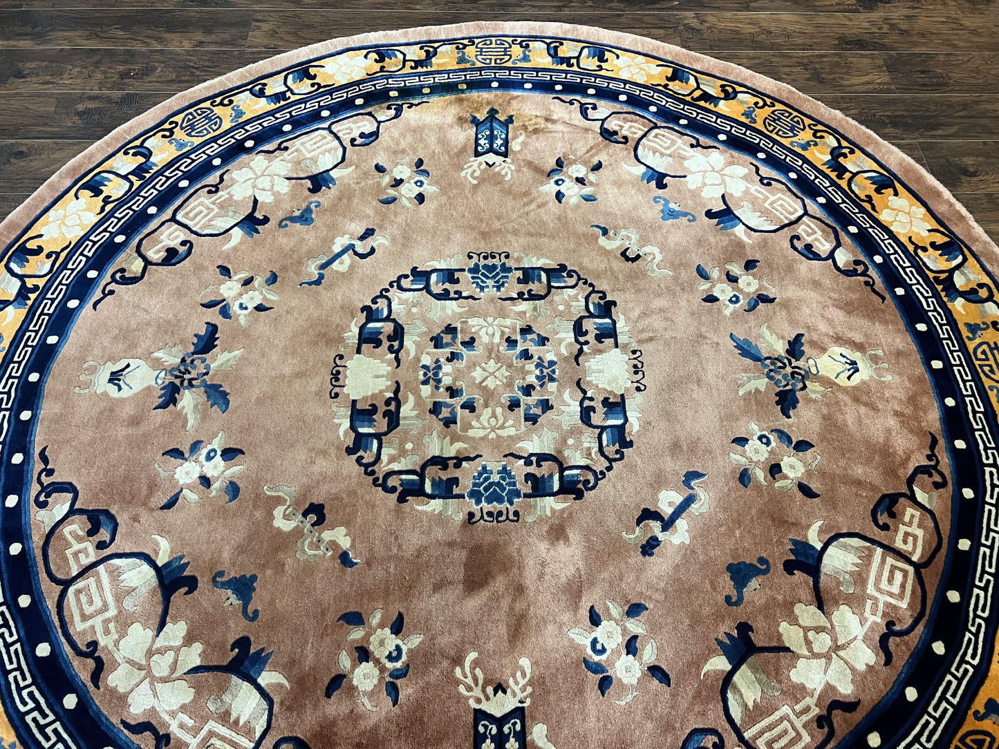 Antique Round Chinese Wool Rug 8x8, Chinese Peking Carpet, Asian Oriental Carpet 8 x 8 ft, Chinese Art Deco Rug, Nichols Rug - Nuvé