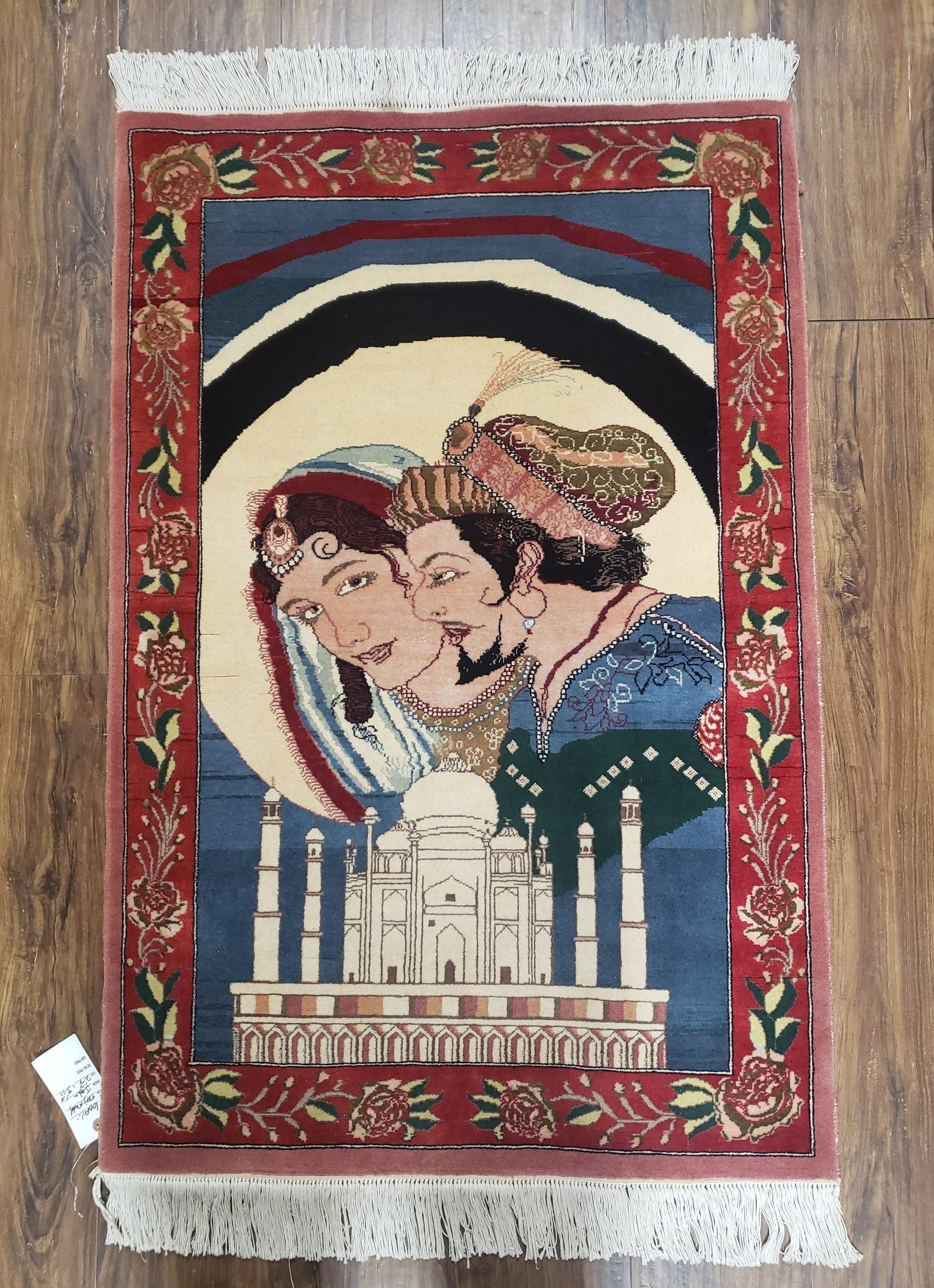 Vintage Small Pictorial Lovers Rug 2.5 x 4, Taj Mahal Indo Persian Rug, Wool Hand-Knotted Indian Rug, King & Queen, Layla and Majnun - Nuvé