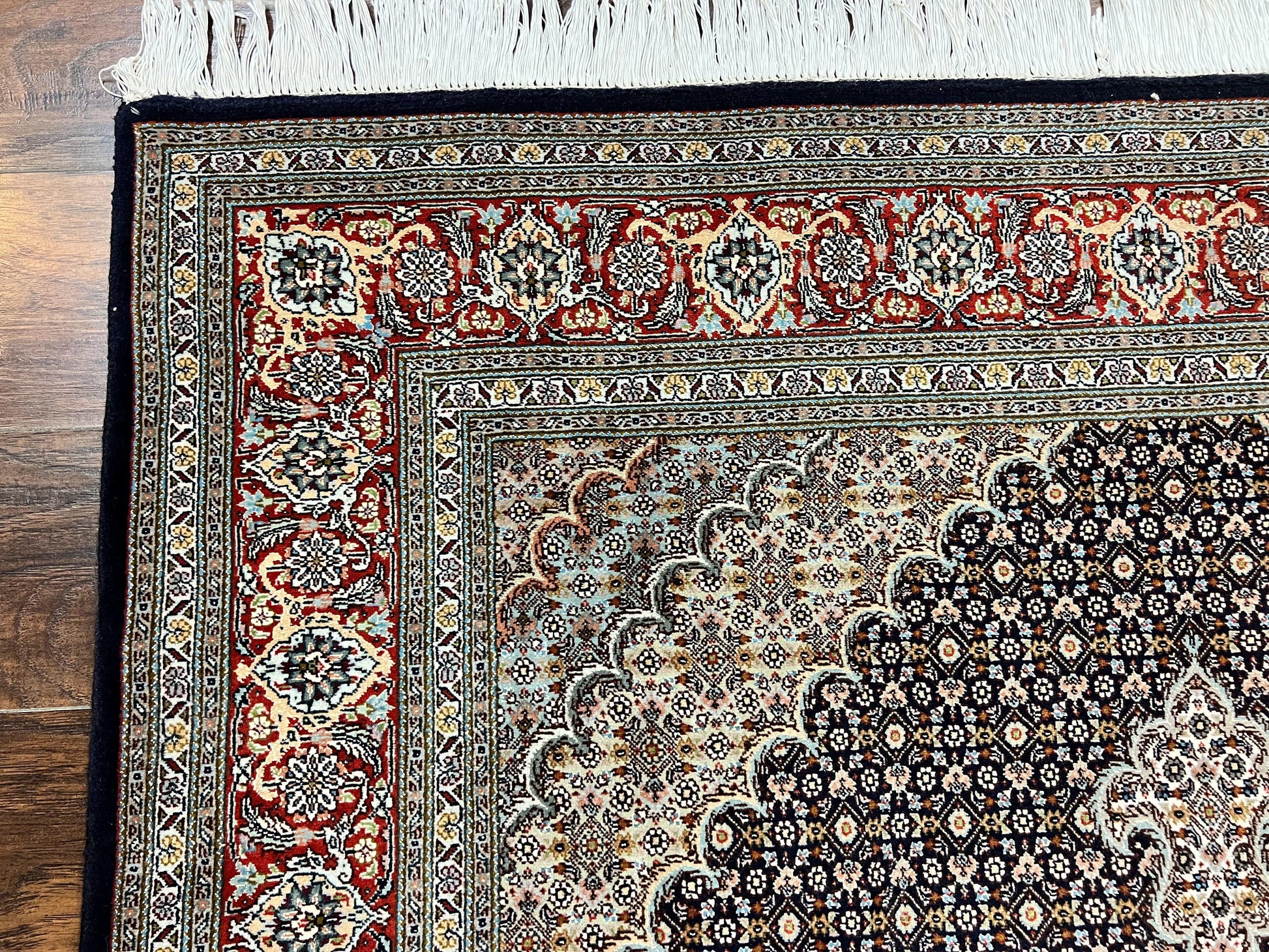 Persian Tabriz Rug 5x7, Wool with Silk Highlights, Hand Knotted Vintage Oriental Carpet, Very Fine, Herati Mahi Pattern, Black, Rare - Nuvé