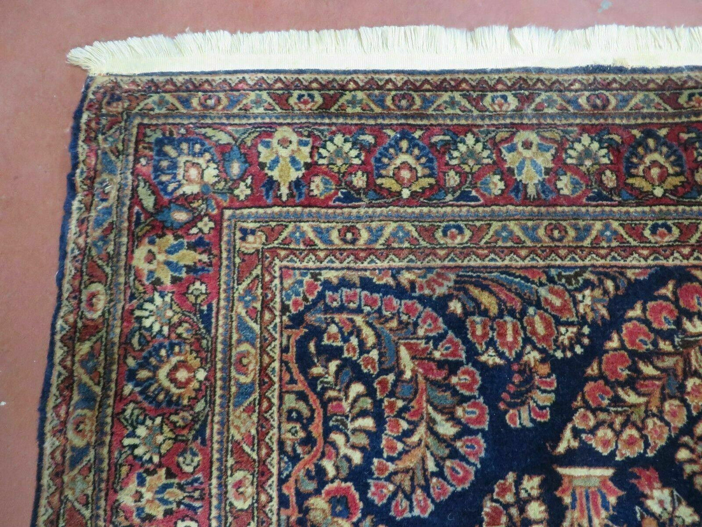 Antique Persian Sarouk Rug 4x6, Hand Knotted 1920s Oriental Carpet 4 x 6 ft, Navy Blue and Red Wool Rug, Handmade Floral Allover Persian Area Rug - Nuvé