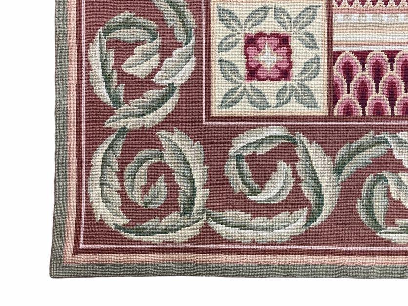Traditional Aubusson Needlepoint Rug 9 x 12, Flowers, Flatweave Carpet, Hand-Knotted, Brand New, Cream Color, Green, Maroon Red, Wool - Nuvé