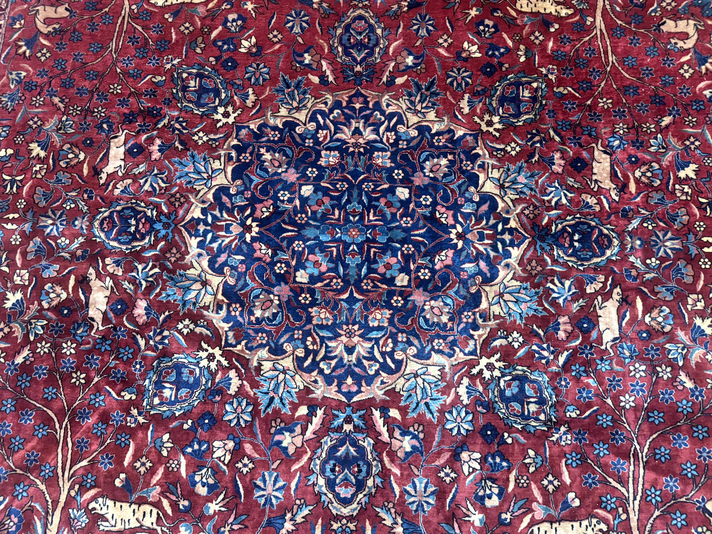 Antique Indo Persian Kerman Rug 9x12 Red Manchester Wool Animal Pictorials, Fine 290 KPSI - Nuvé