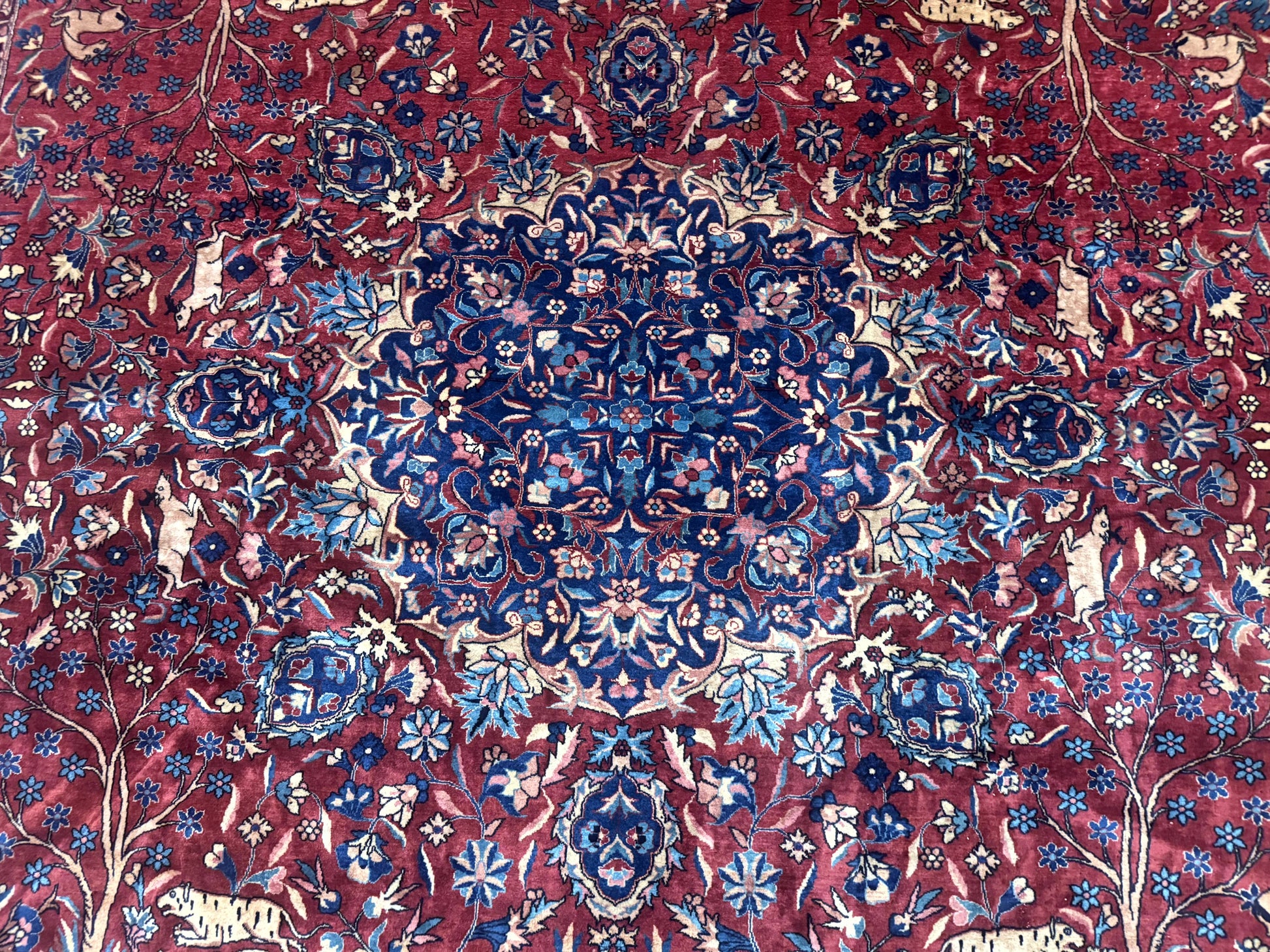 Antique Indo Persian Kerman Rug 9x12 Red Manchester Wool Animal Pictorials, Fine 290 KPSI - Nuvé