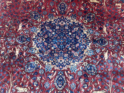 Antique Indo Persian Kerman Rug 9x12 Red Manchester Wool Animal Pictorials, Fine 290 KPSI - Nuvé