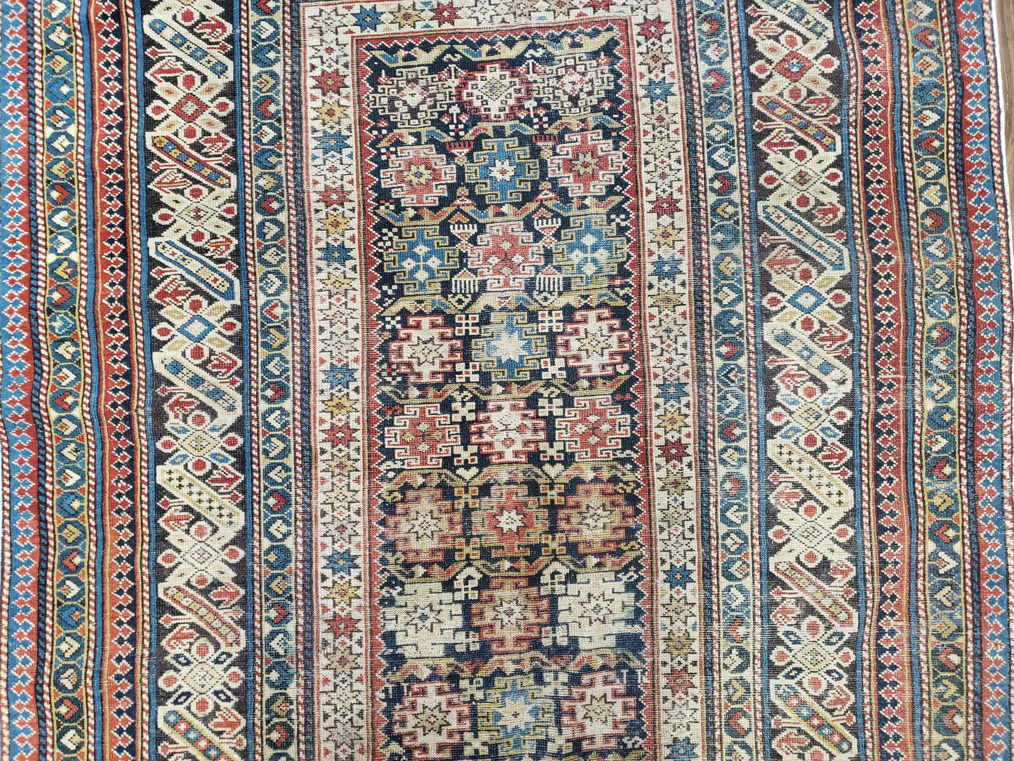 Caucasian Rug 3'9" x 5'7", Antique 1920s Collectible Caucasian Chi Chi Carpet, Hand Knotted, Colorful, Dark Blue Cream Red, Wool, Small Rug - Nuvé