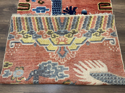 Rare Chinese Ningxia Pillar Rug 3x8, Late Qing Dynasty, 5 Clawed Dragon, Cloud Rainbow Border, Collectible Antique Carpet, Wool Hand Knotted - Nuvé