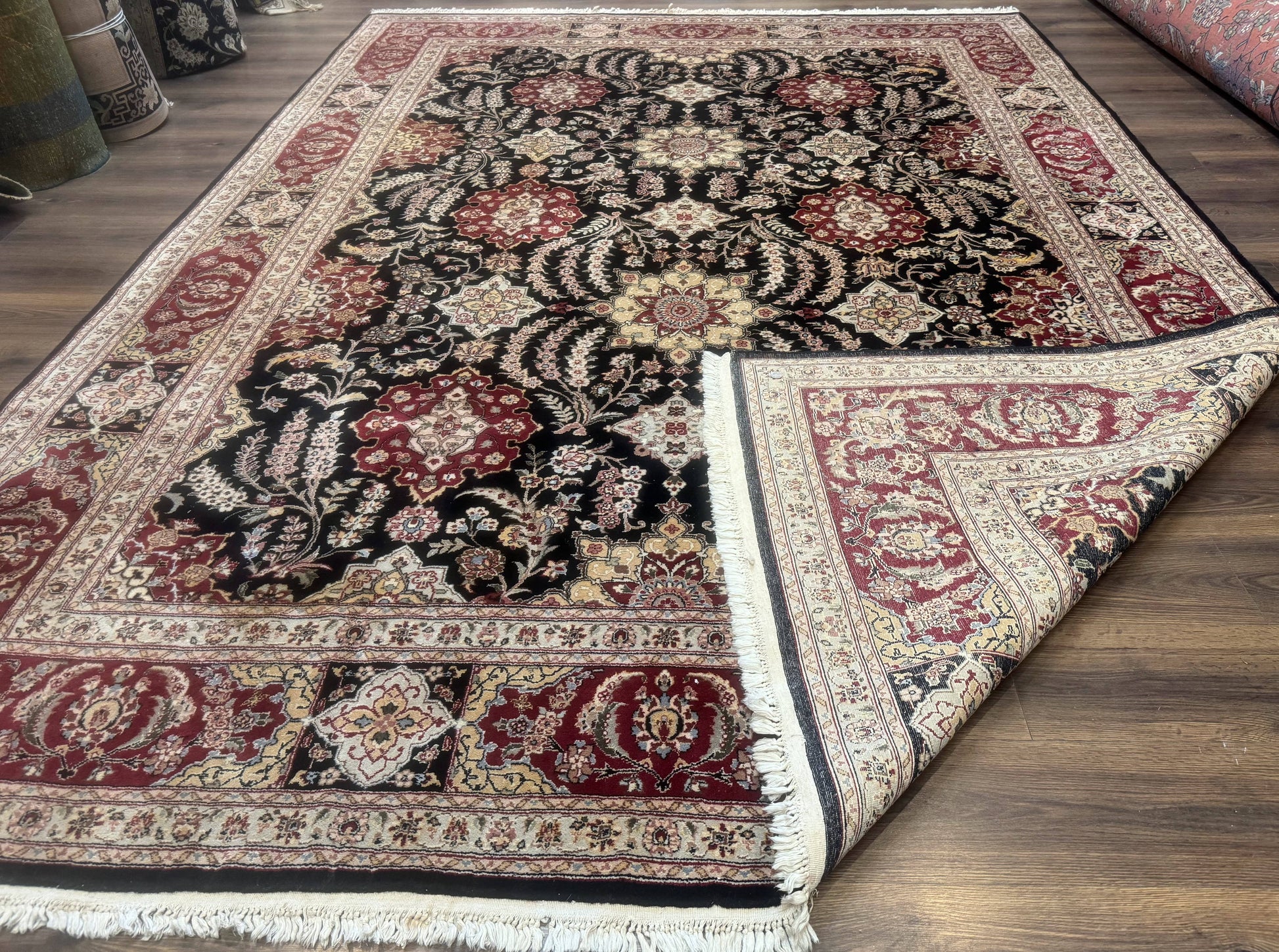 Sino Persian Rug 9x12, Black & Maroon, Wool and Silk, Allover Pattern - Nuvé