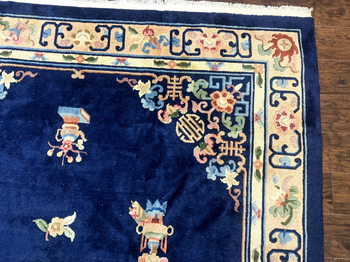 Chinese Wool Rug 8x11, Navy Blue and Beige, Simple Design, Fete Carpet - Nuvé