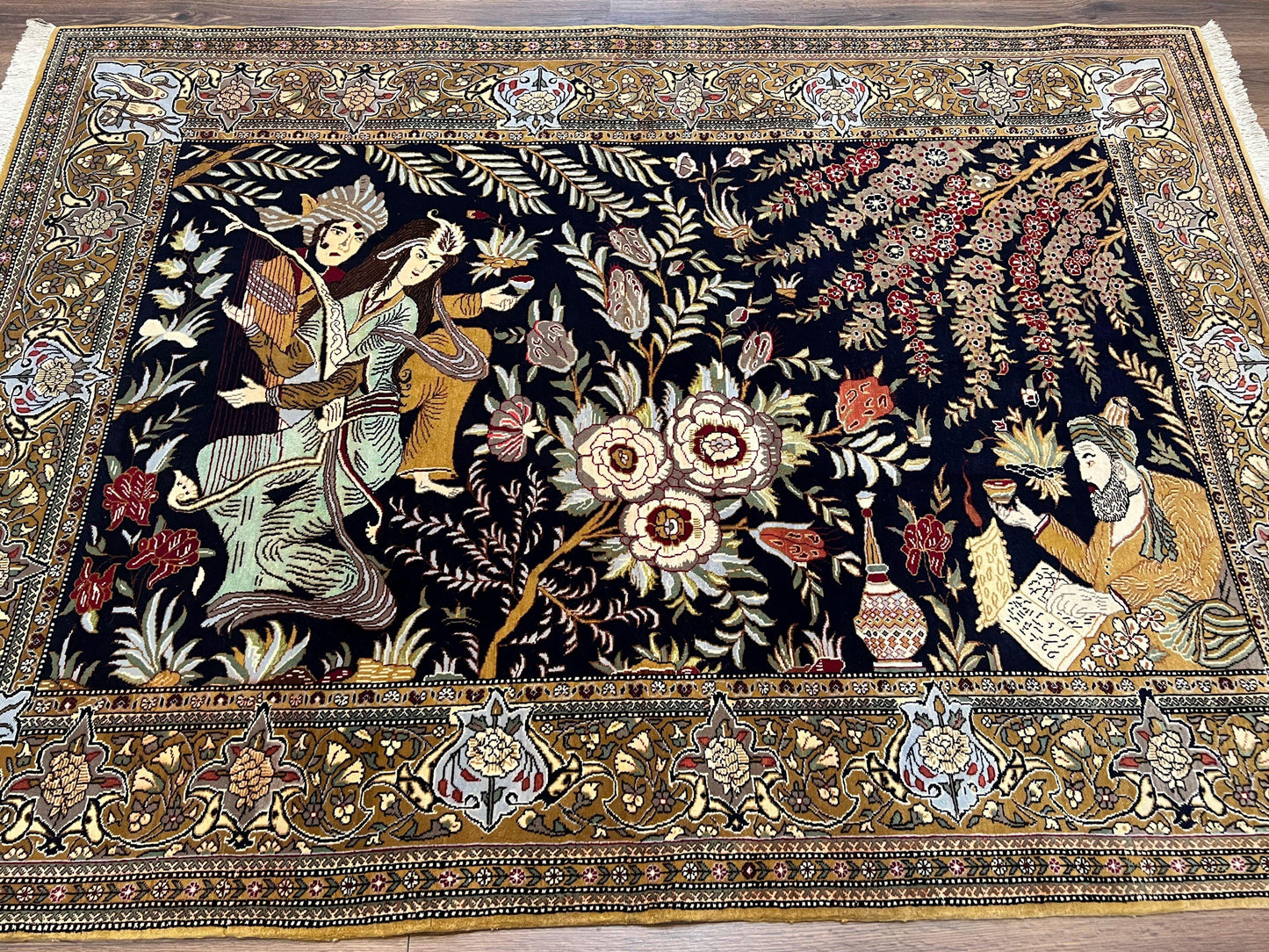 Persian Qum Pictorial Rug 4.8 x 6.5 - Layla & Majnun, Birds - Nuvé