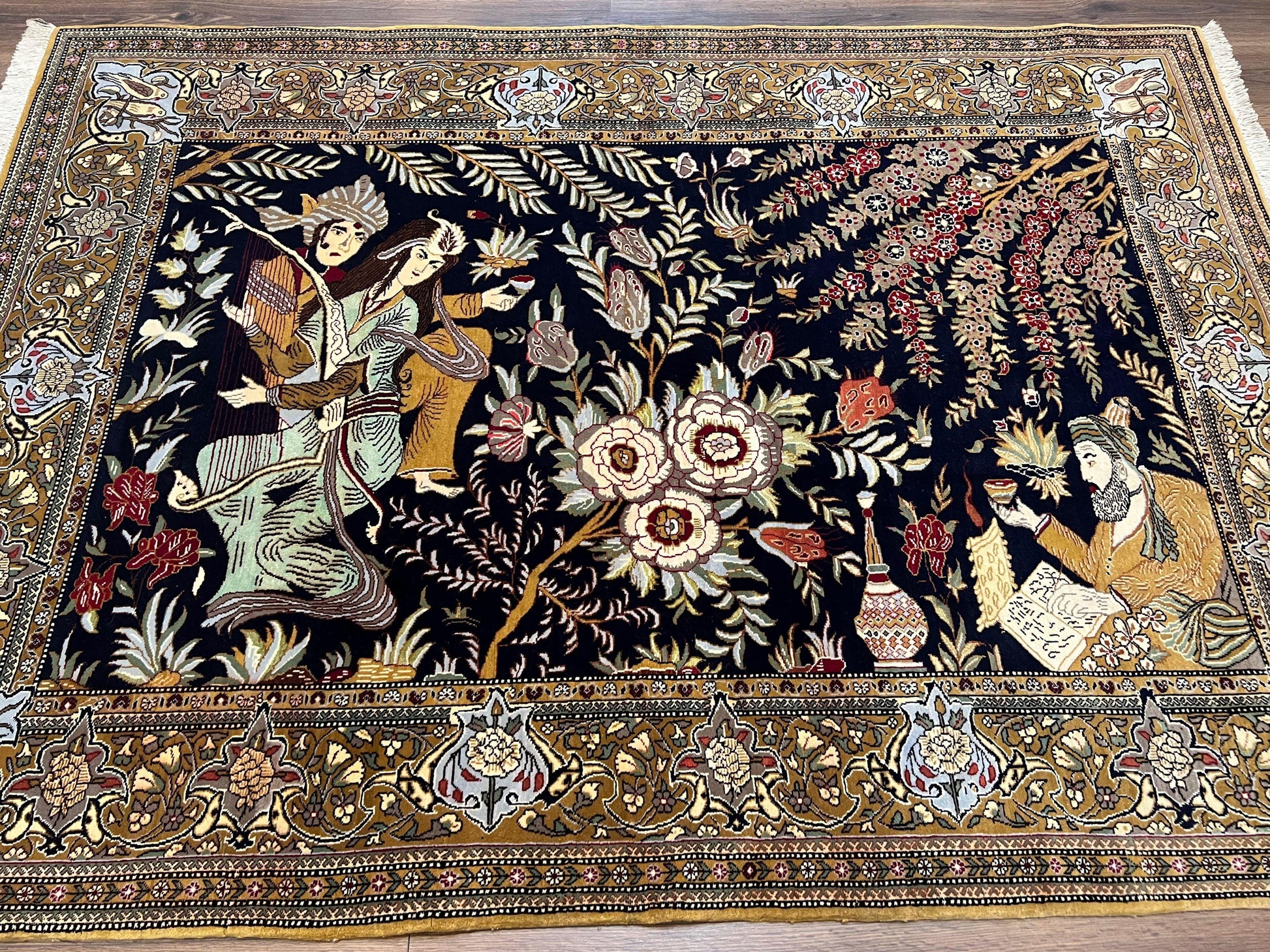 Persian Qum Pictorial Rug 4.8 x 6.5 - Layla & Majnun, Birds - Nuvé