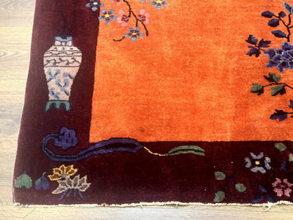 Chinese Art Deco Rug 5x8, Antique Chinese Wool Rug, Nichols Rug, Rare Chinese Carpet, Orange and Purple-Maroon - Nuvé