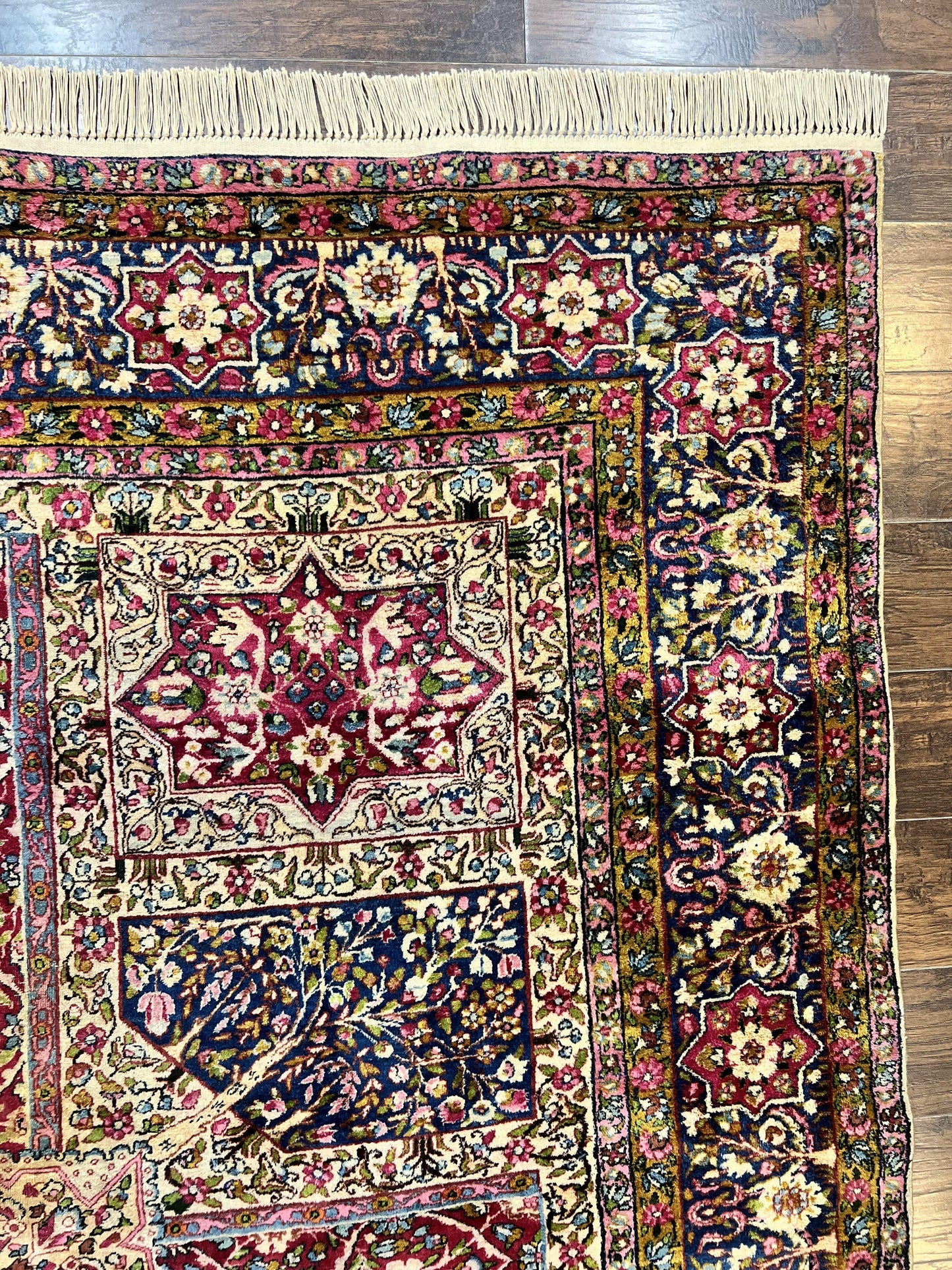 Persian Kirman Lavar Rug 8x9, Antique Persian Carpet, Colorful Multicolor 1920s Handmade Wool Rug, Garden Panel Design, Fine 200 KPSI - Nuvé