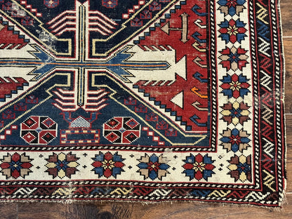 Antique Shirvan Caucasian Rug 3x5, Geometric Pattern, Red Navy Blue Beige - Nuvé