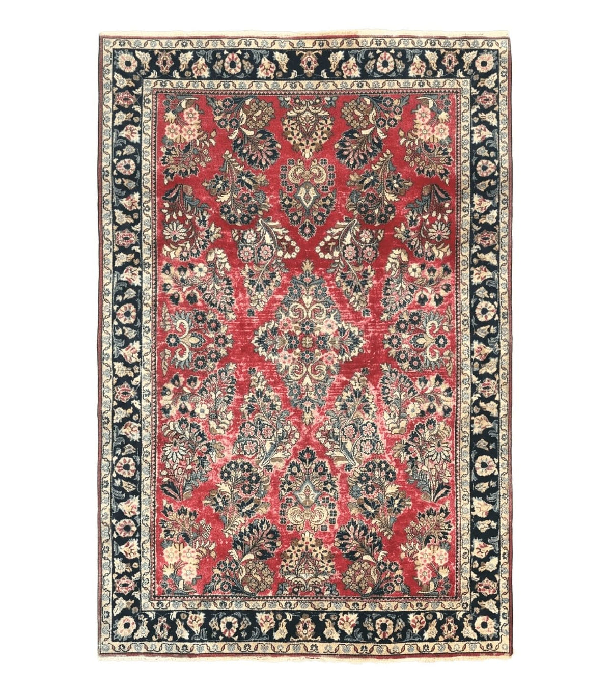 Antique Persian Sarouk Rug 4x7, Floral, Red 1920s Persian Wool Carpet