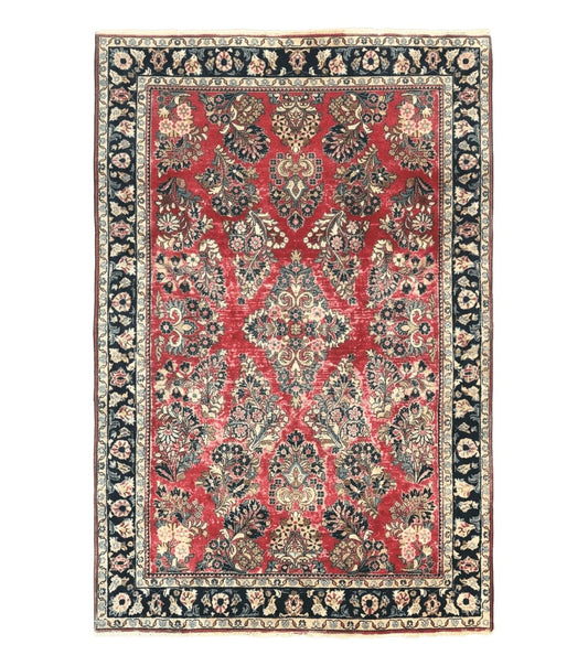Antique Persian Sarouk Rug 4x7, Floral, Red 1920s Persian Wool Carpet