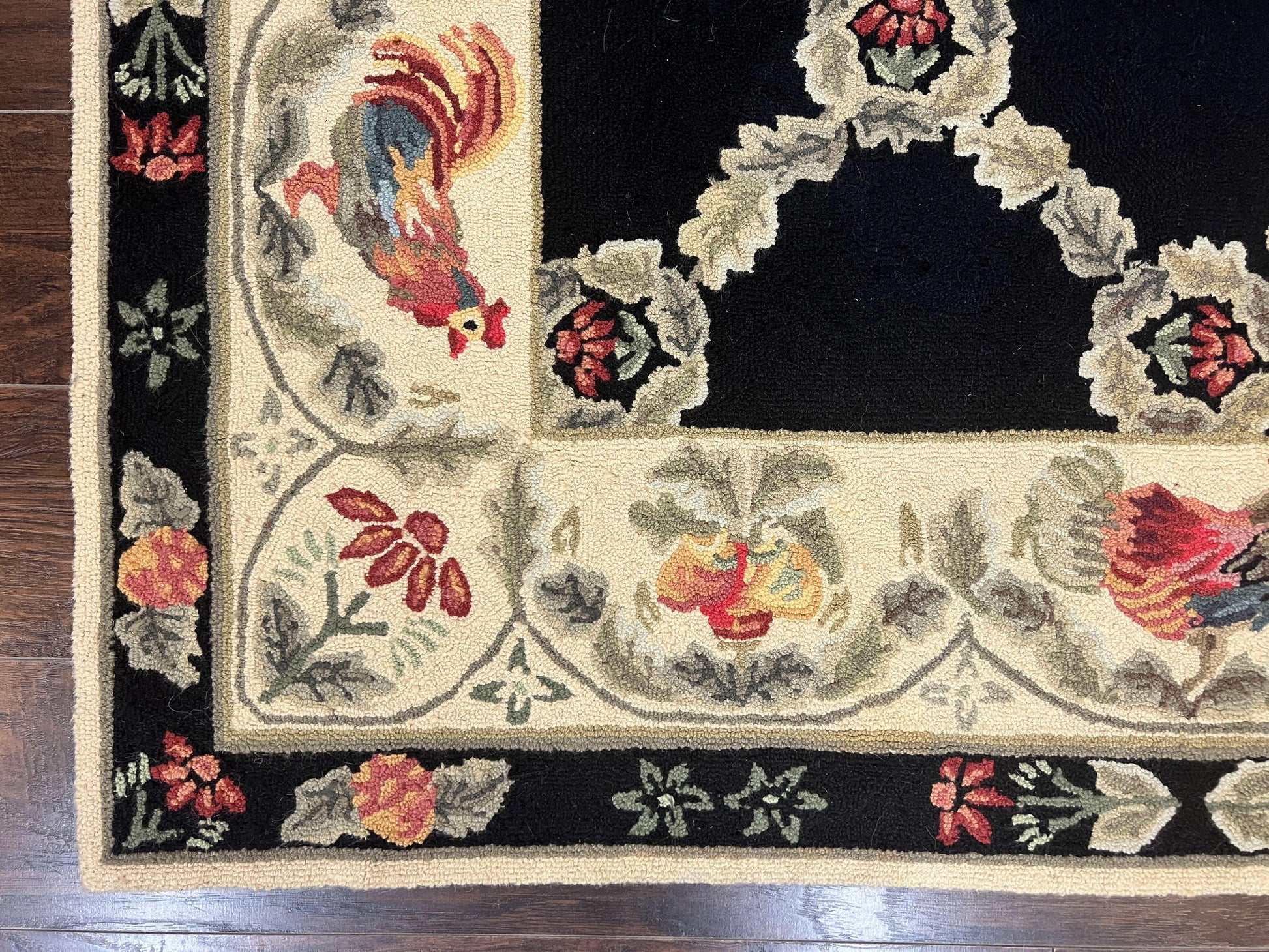 Hooked Rug 5x8, European Aubusson Pattern, Black and Ivory, Roses & Roosters, Vintage Wool Rug - Nuvé