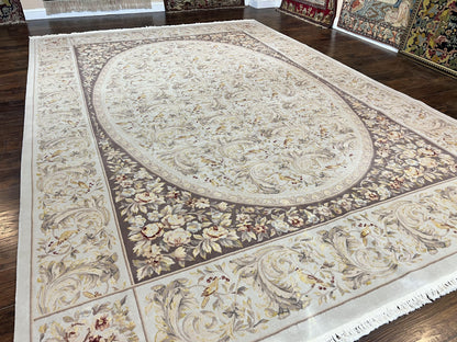 Aubusson Rug 10x14, Wool & Silk Highlights Hand Knotted Vintage Carpet, Birds Flowers, Fine Details, Elegant - Nuvé