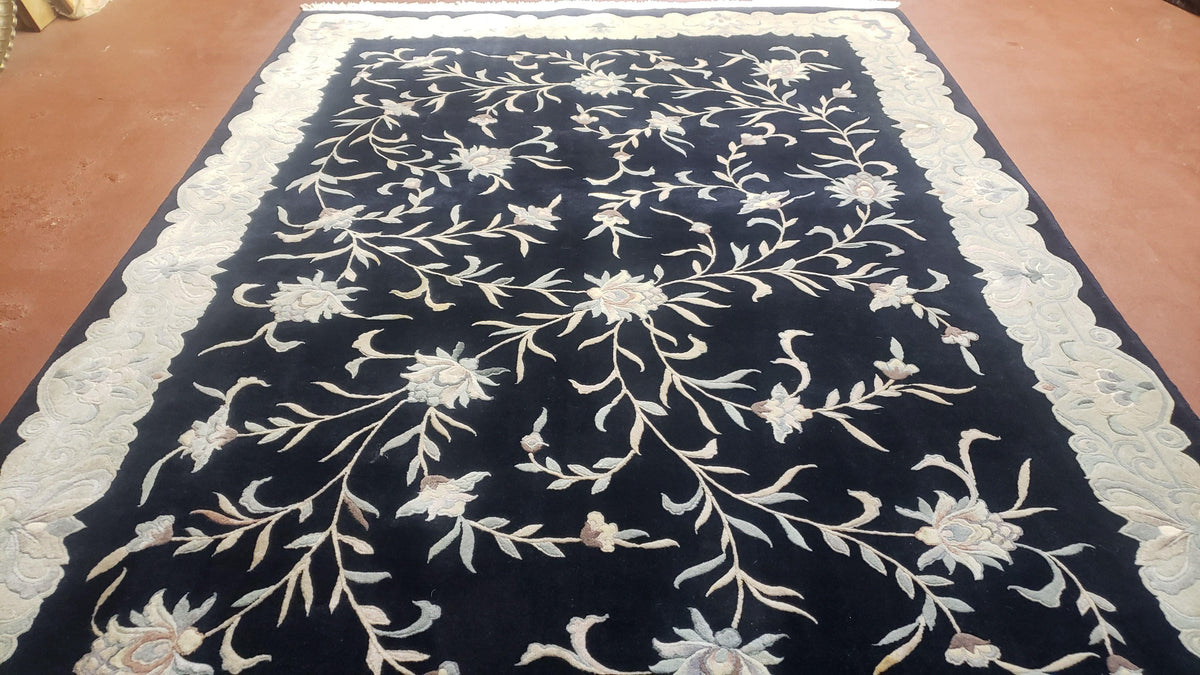 6x9 Vintage Black Gray Chinese Rug 120 Lines Wool Carpet Floral Design Hand-Knotted Soft Pile Entryway Rug Foyer Rug Nice