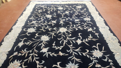 6x9 Vintage Black Gray Chinese Rug 120 Lines Wool Carpet Floral Design Hand-Knotted Soft Pile Entryway Rug Foyer Rug Nice