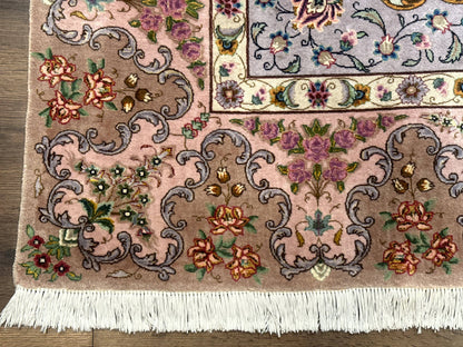 Wonderful Persian Tabriz Rug 7x10, Very Fine 330 KPSI, Light Green Light Blue Pink, Kork Wool Silk Foundation, Bird Pictorials