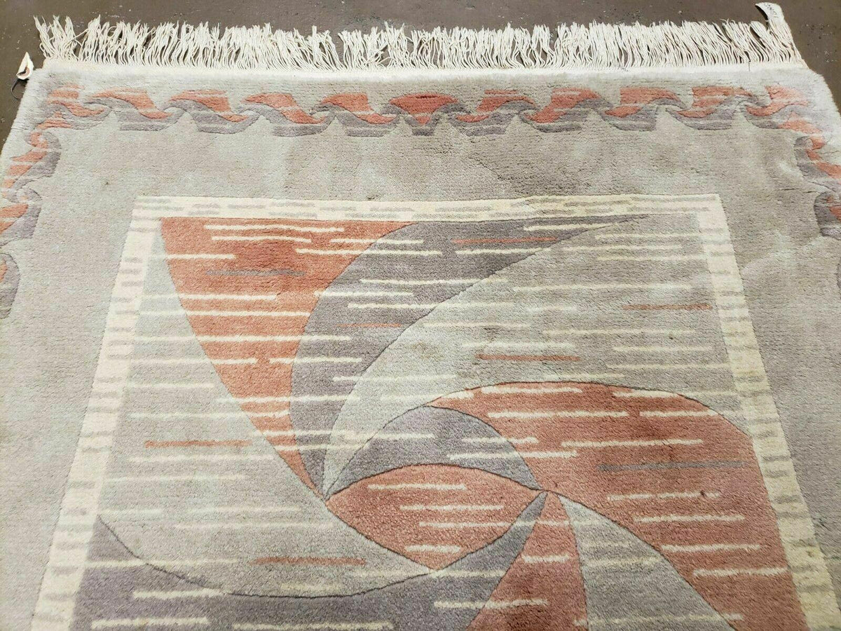 3' X 5' Handmade Modern Chinese Accent Rug - Silk on Cotton Carpet - Abstract Contemporary Design - Beige and Orange