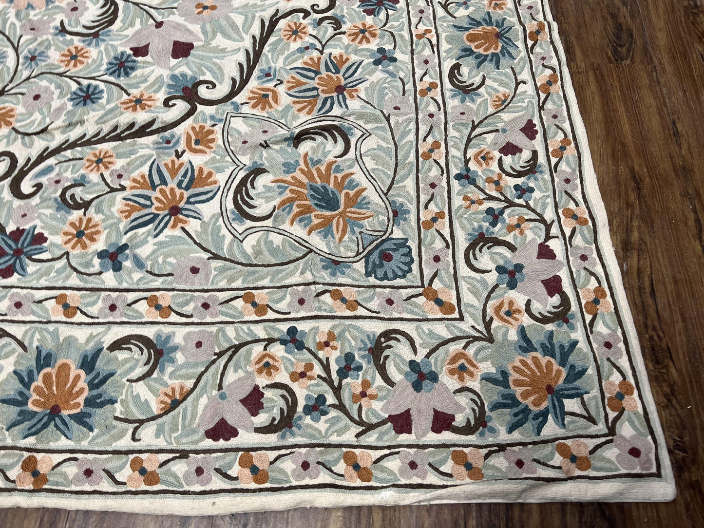 Chain Stitched Rug 9x12 Vintage Carpet 9 x 12 Flatweave Rug, Ivory Teal Rug, Area Rug 9 by 12, Hand Stitched Rug, Medallion, Indian Rug - Nuvé