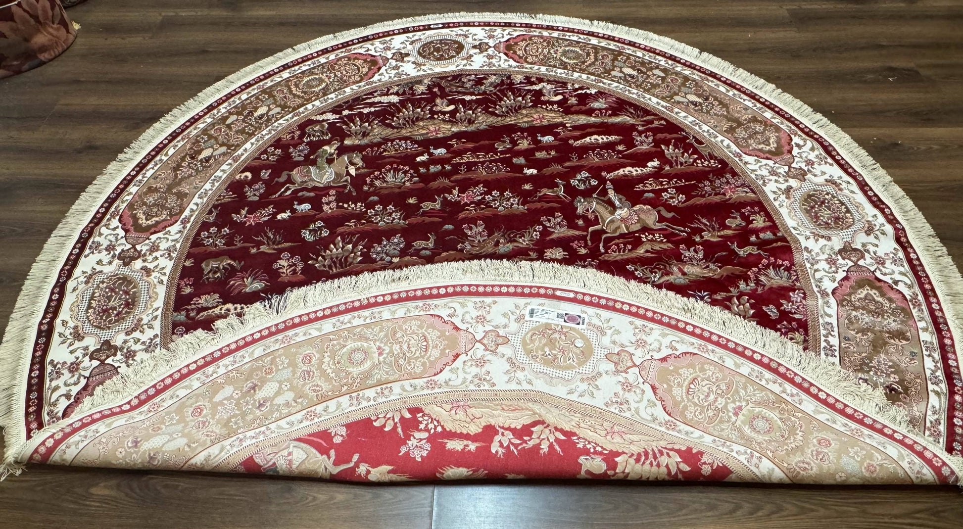 Large Round Turkish Silk Rug 8x8, Hunting Design, Dark Red & Ivory, Bamboo Silk - Nuvé