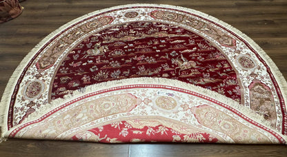 Large Round Turkish Silk Rug 8x8, Hunting Design, Dark Red & Ivory, Bamboo Silk - Nuvé