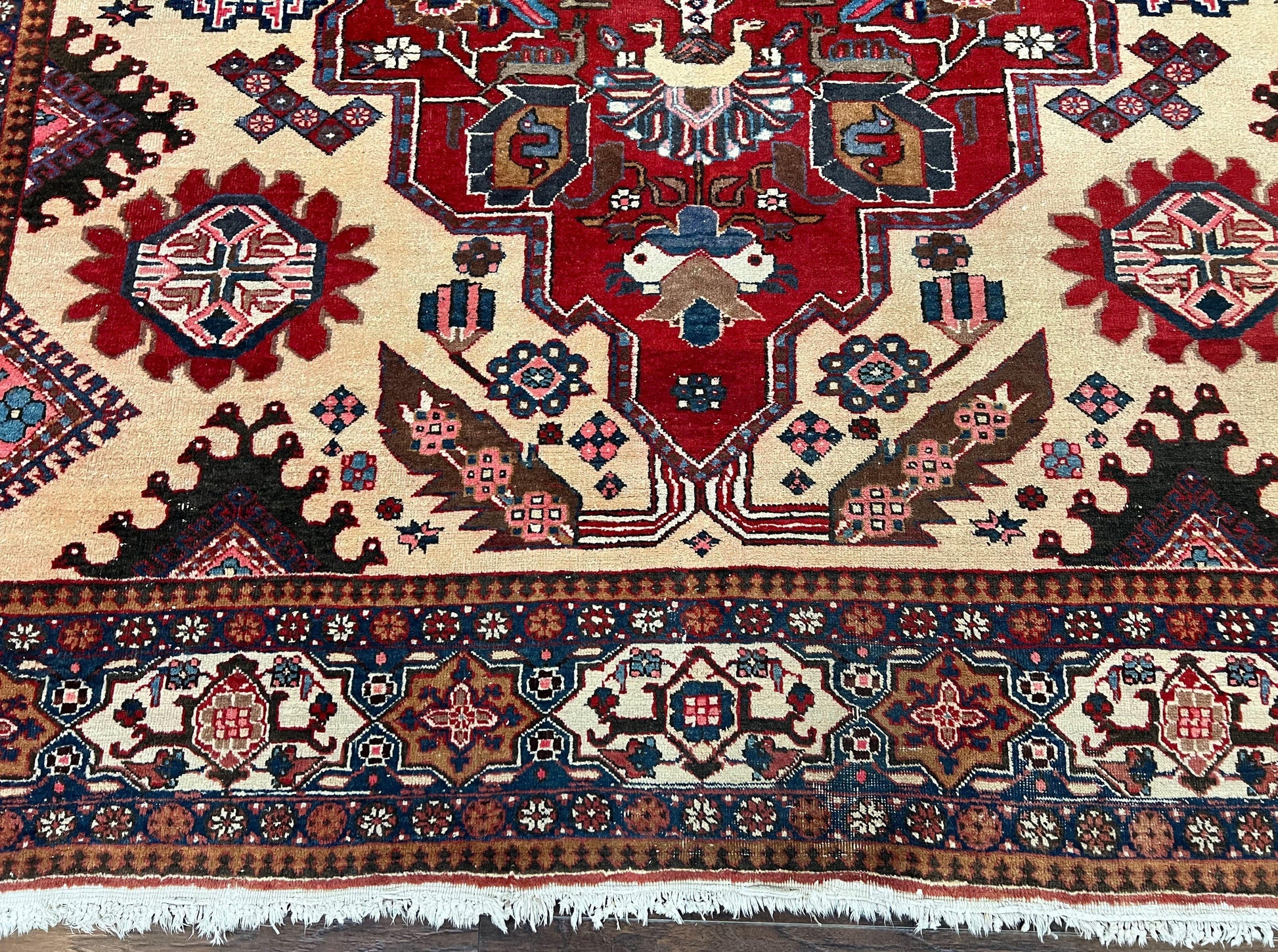 Antique Persian Heriz Rug 8x12 ft, Geometric Tribal Room Sized Carpet, Camel Hair Red Navy Blue, Wool Hand Knotted Medallion Oriental Carpet - Nuvé