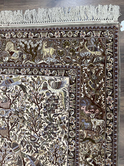 Persian Isfahan Rug 5x8 - Tree of Life, Animal Pictorials, Kork Wool & Silk - Nuvé
