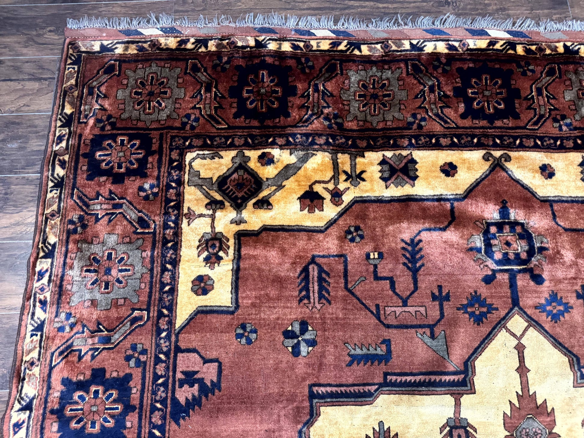 Afghan Heriz Rug 9x12, Tribal Geometric Serapi Carpet, Rust Cream and Navy, Wool on Wool - Nuvé