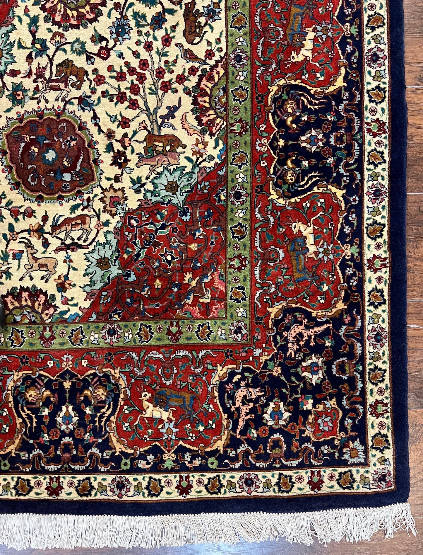 Wonderful Sino Persian Rug 6x10 with Animal Pictorial Motifs, Cream Dark Red Navy Blue, Birds Gazelles, Two Medallions, Top Quality Handmade - Nuvé