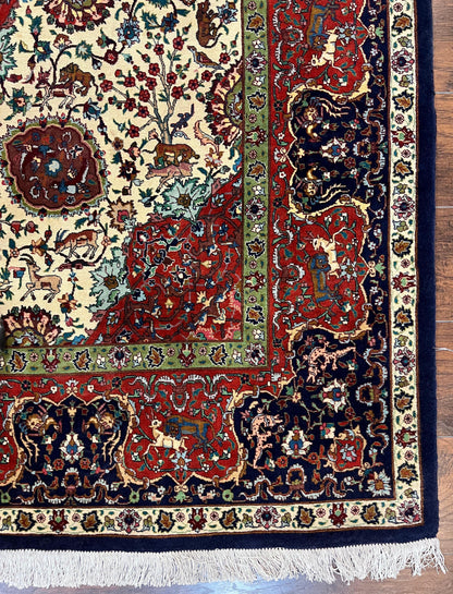 Wonderful Sino Persian Rug 6x10 with Animal Pictorial Motifs, Cream Dark Red Navy Blue, Birds Gazelles, Two Medallions, Top Quality Handmade - Nuvé