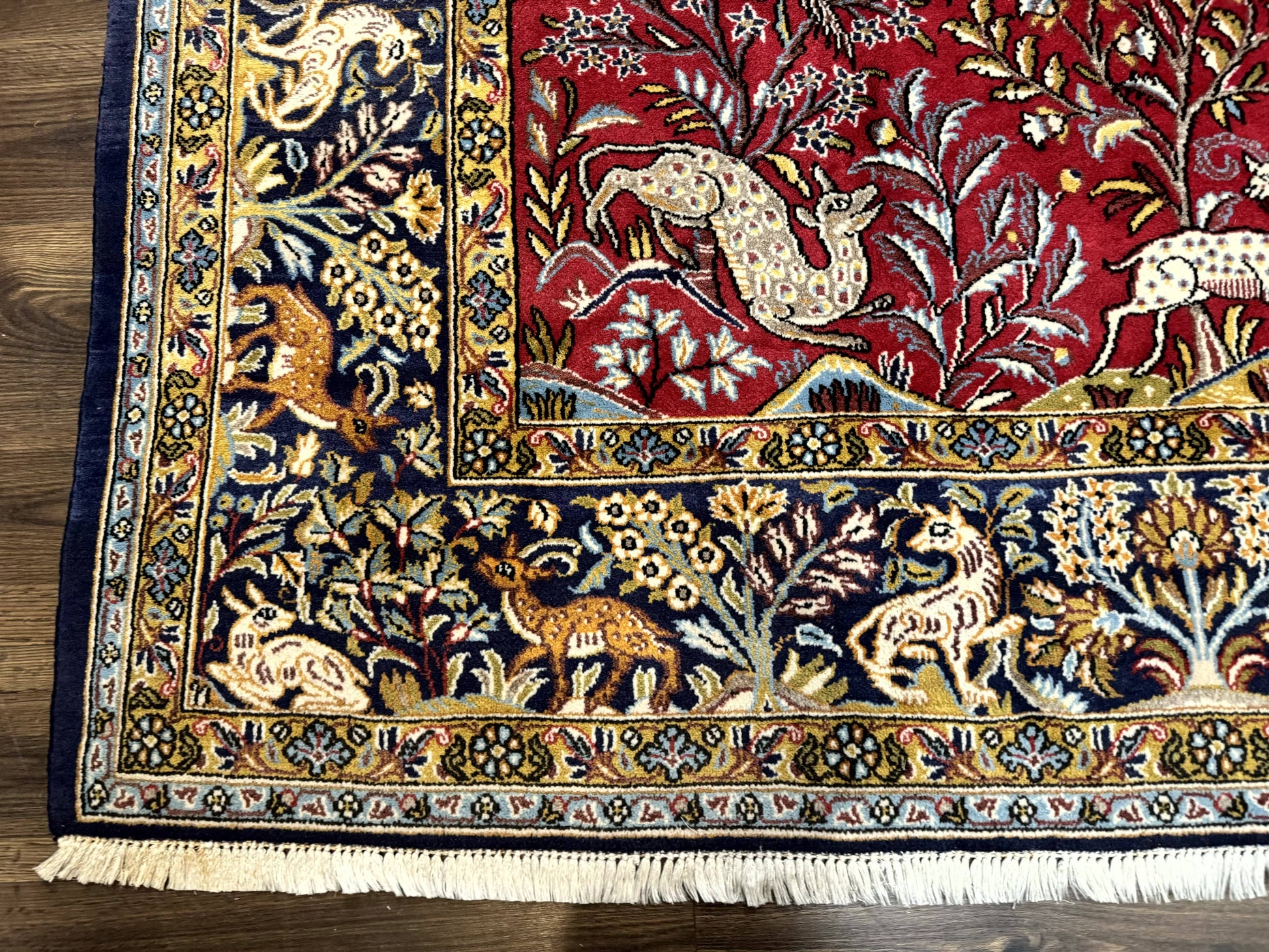 Persian Qum Rug 9x12, Animal Pictorials, Deer Birds, Tree of Life, Red and Navy Blue - Nuvé