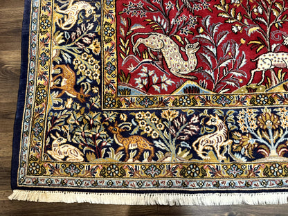 Persian Qum Rug 9x12, Animal Pictorials, Deer Birds, Tree of Life, Red and Navy Blue - Nuvé