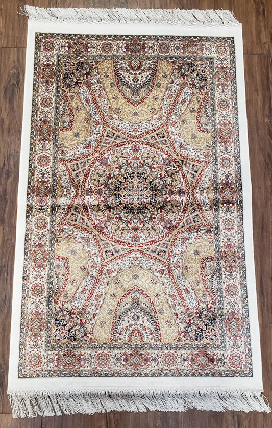 Persian Design Silk Accent Rug, Dome Medallion, Allover Pattern Oriental Carpet, Small Silk Rug, Cream, Ivory, Bamboo Silk, 2' 8" x 4' 1" - Nuvé