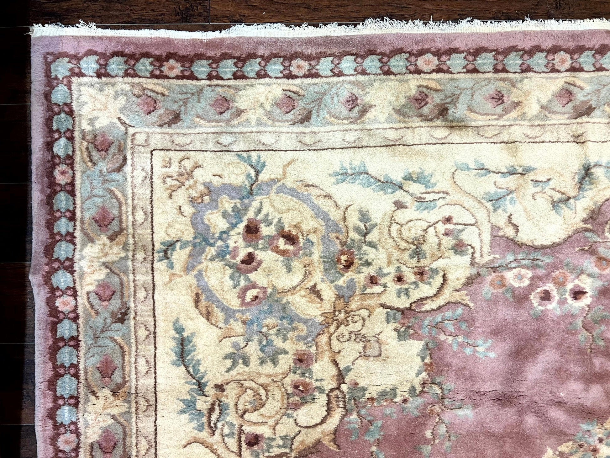 Indo Chinese Aubusson Wool Rug 10x14, Pink and Cream, Handmade Vintage Wool Carpet, Elegant European Design - Nuvé