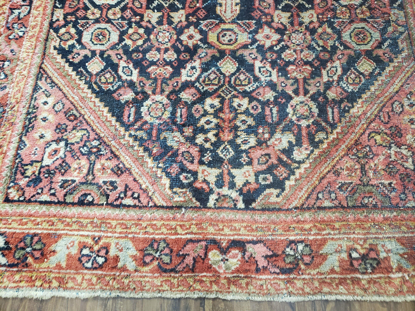Antique Persian Mahal Area Rug 4.4 x 6.6, Wool Hand-Knotted Shabby Chic Oriental Rug, Red Black 1930s Foyer Room Carpet, Low Pile Boho Rug - Nuvé