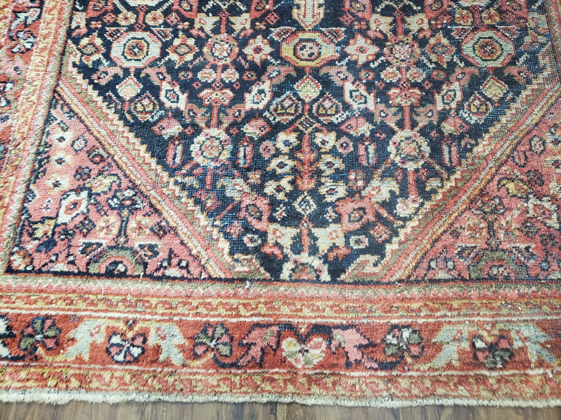 Antique Persian Mahal Area Rug 4.4 x 6.6, Wool Hand-Knotted Shabby Chic Oriental Rug, Red Black 1930s Foyer Room Carpet, Low Pile Boho Rug - Nuvé